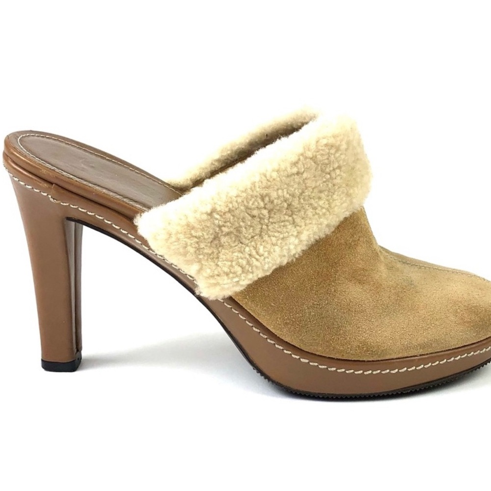 Coach Suede Leather Shearling Cuff Kacie High Heel Mule Women’s US SZ 7.5 UK 38 - Picture 2 of 7
